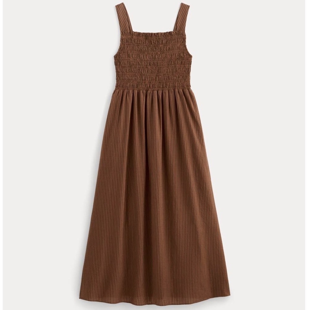 Everlane Gauze Smock Dress Midi Carob Brown Black Striped Sleeveless - Large